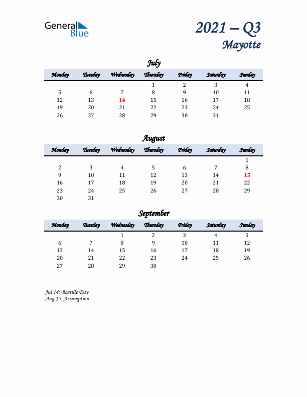 July, August, and September Calendar for Mayotte with Monday Start