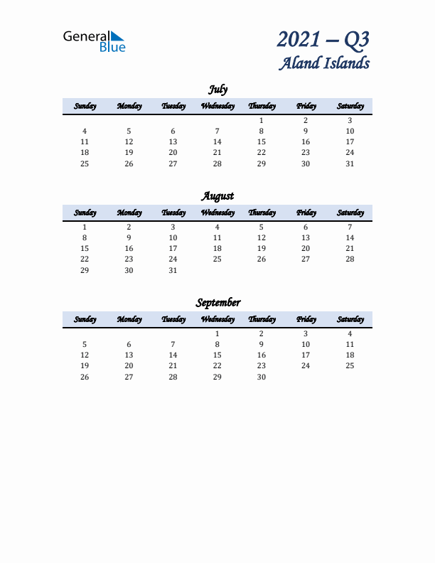 July, August, and September Calendar for Aland Islands with Sunday Start