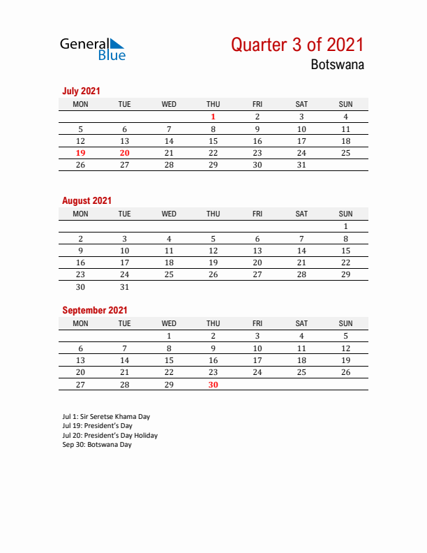 Printable Three Month Calendar with Botswana Holidays