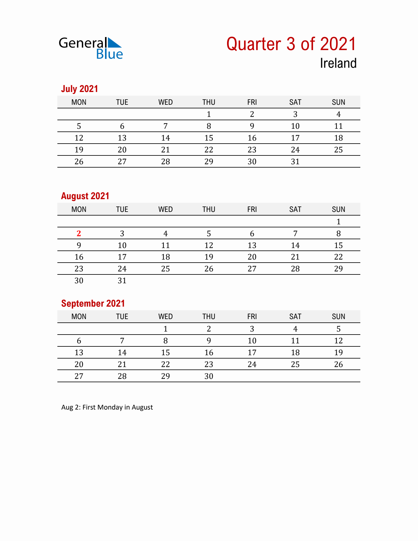 Printable Three Month Calendar with Ireland Holidays