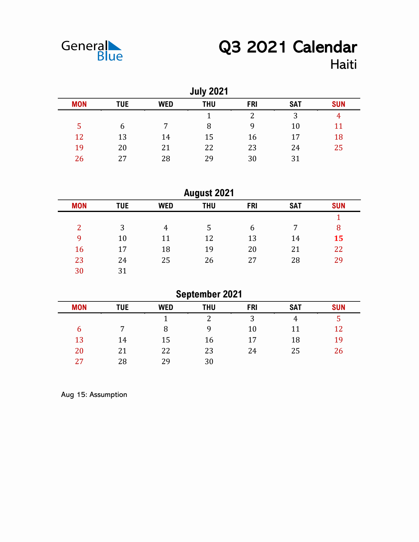2021 Q3 Calendar with Holidays List for Haiti