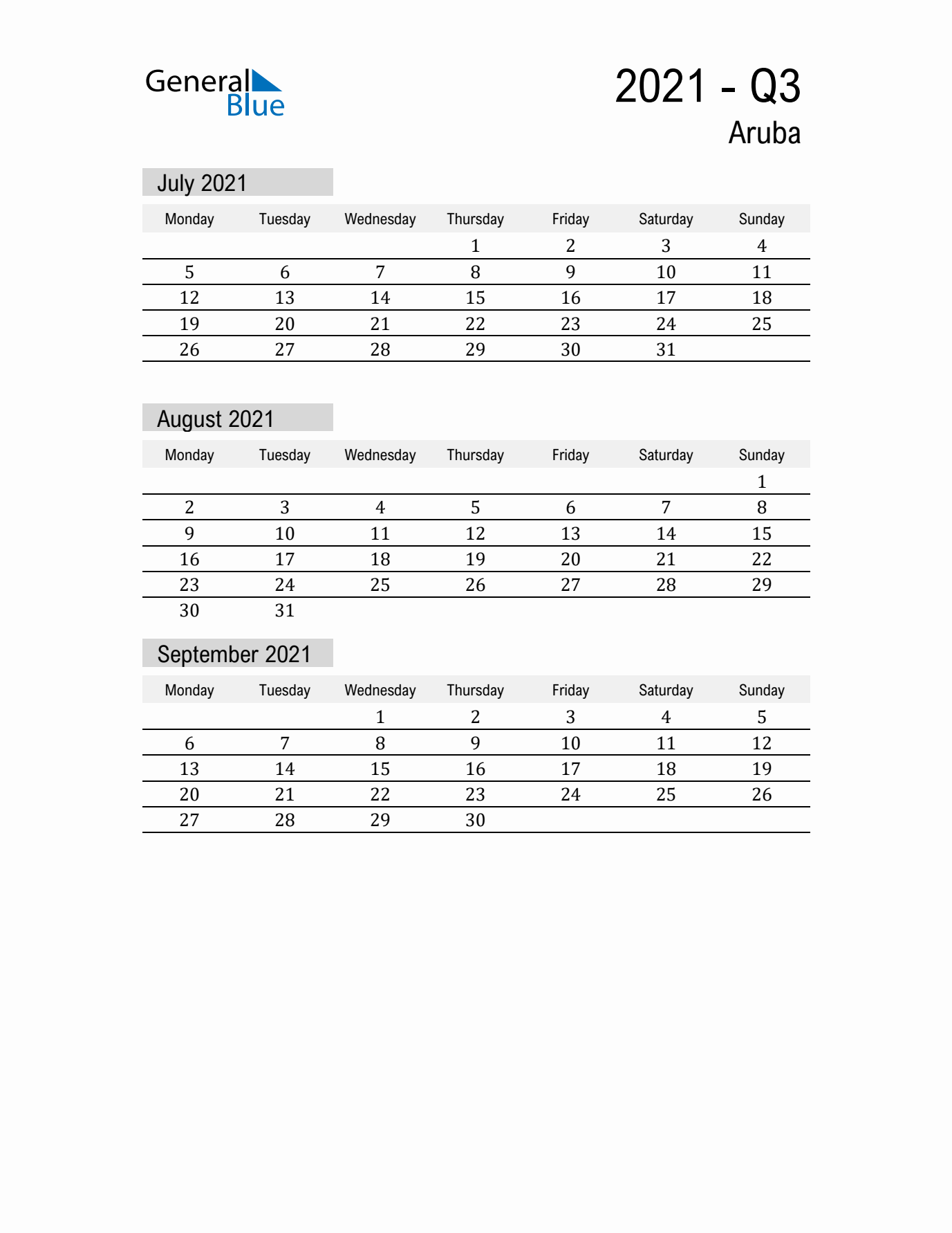 Aruba Quarter 3 2021 Calendar with Holidays