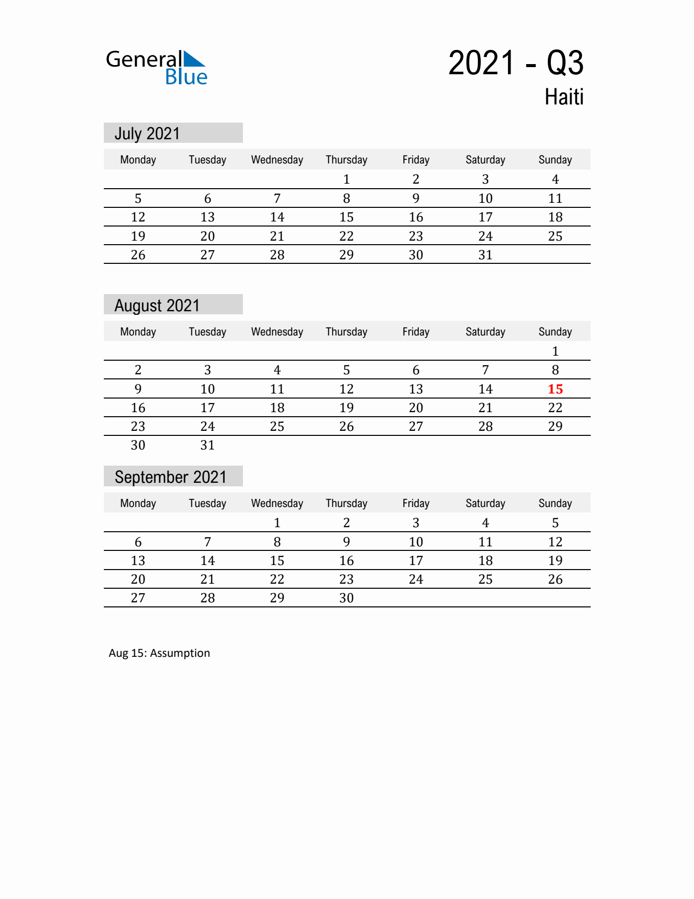 Haiti Quarter 3 2021 Calendar with Holidays