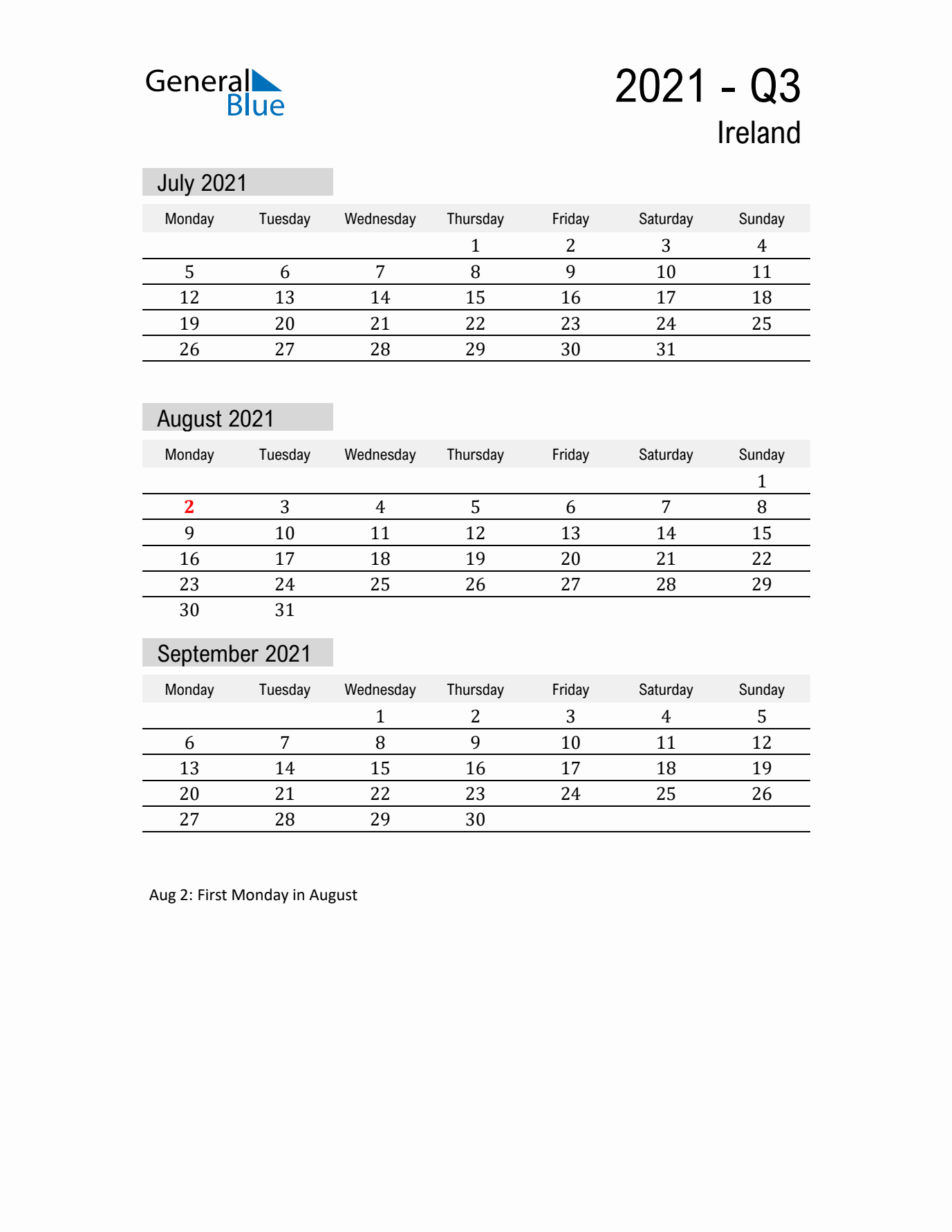 Ireland Quarter 3 2021 Calendar with Holidays