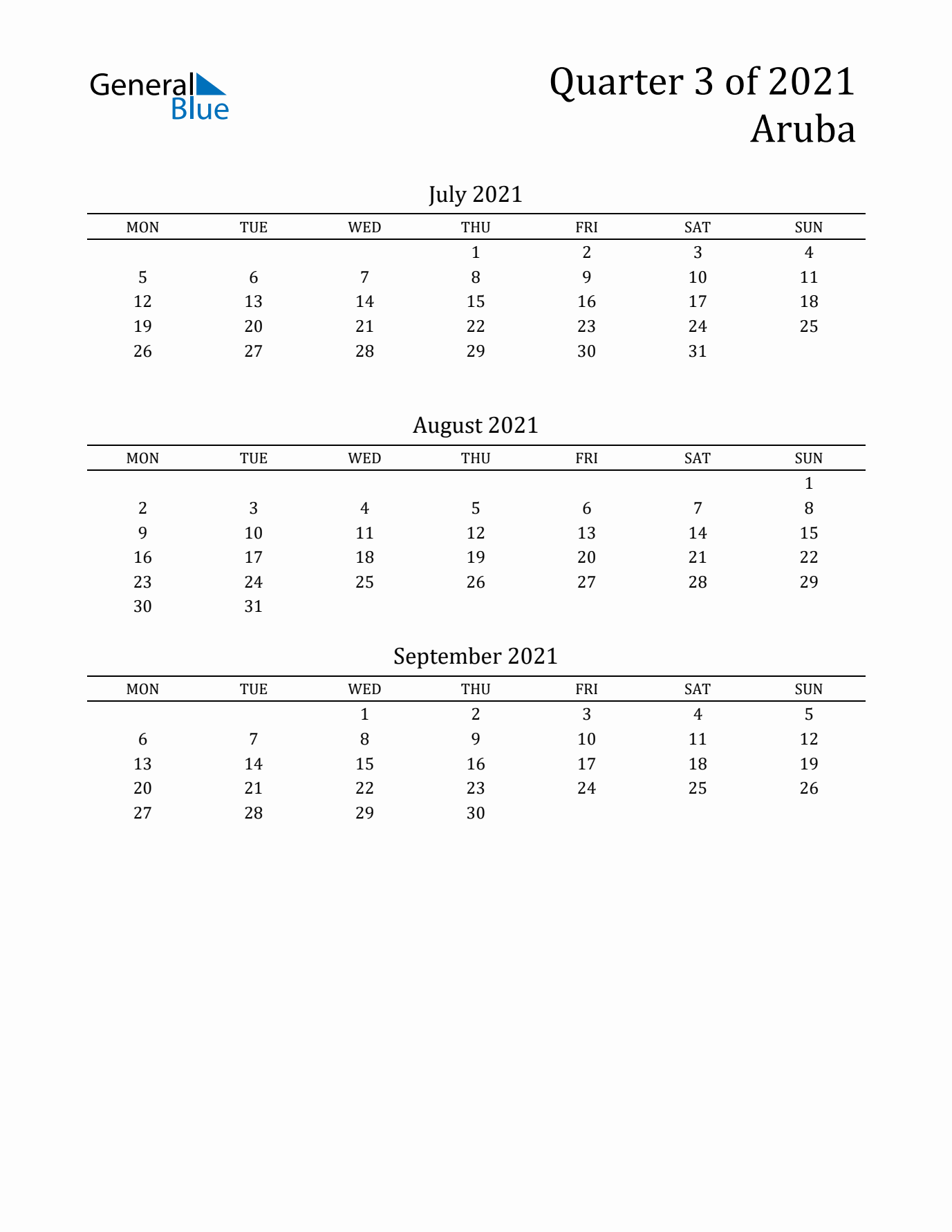 Quarter 3 2021 Aruba Quarterly Calendar