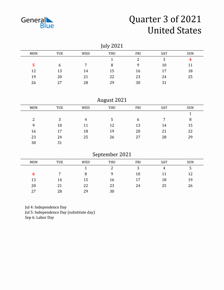 Quarter 3 2021 United States Calendar - Monday Start
