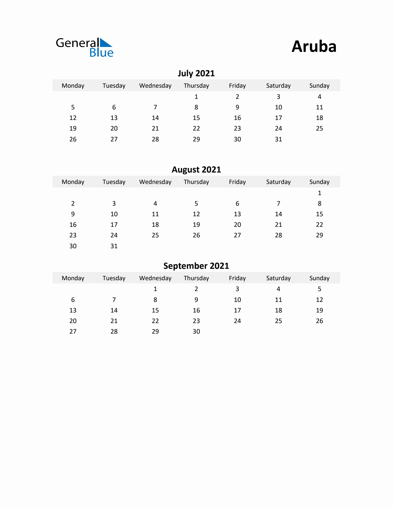 Printable Quarterly Calendar with Notes and Aruba Holidays- Q3 of 2021
