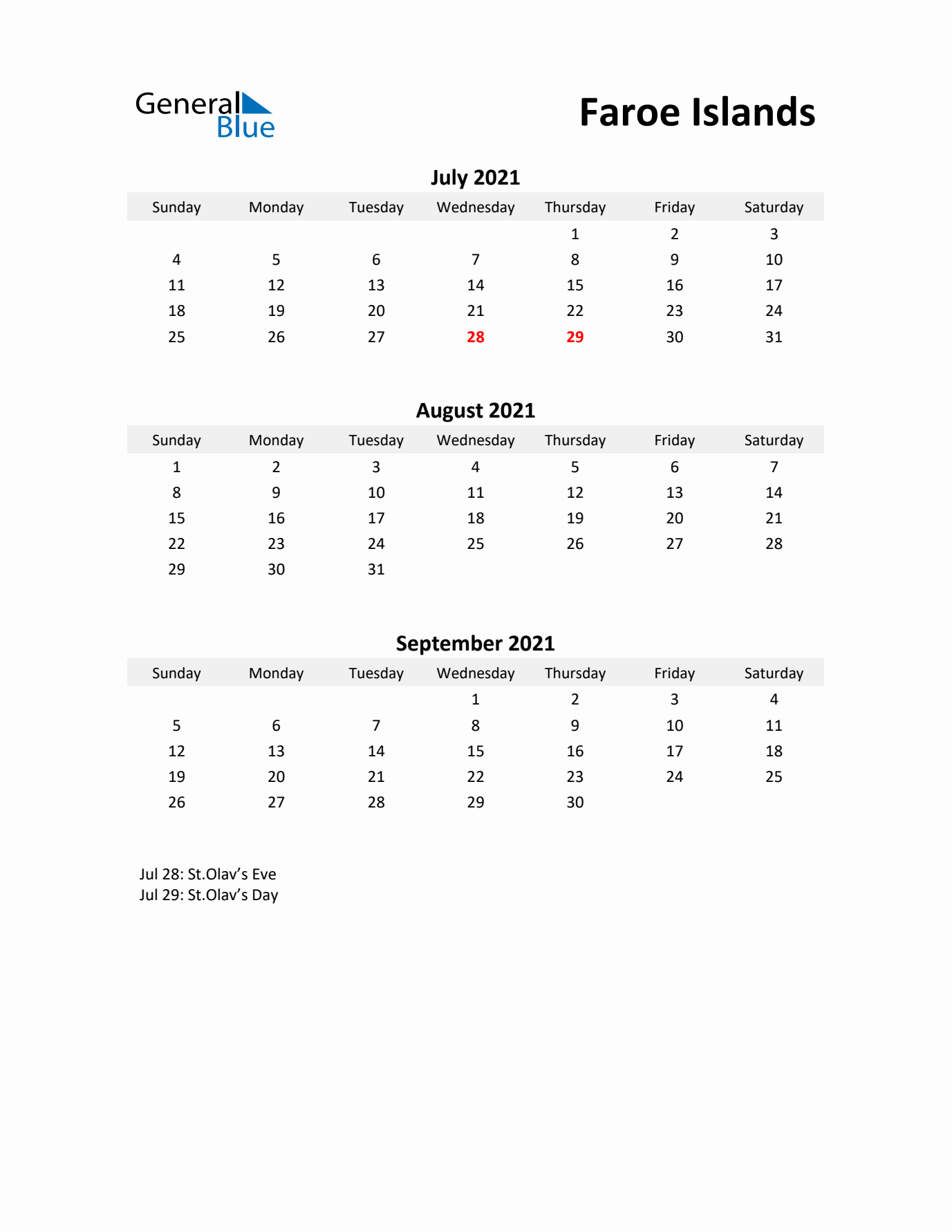 Printable Quarterly Calendar with Notes and Faroe Islands Holidays- Q3 of 2021