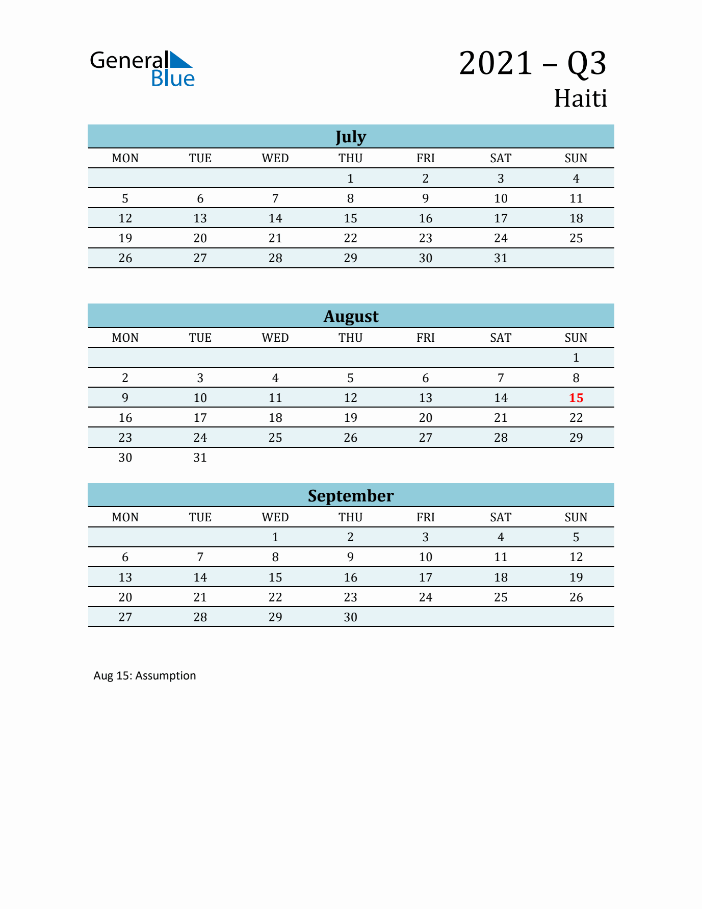 Three-Month Planner for Q3 2021 with Holidays - Haiti