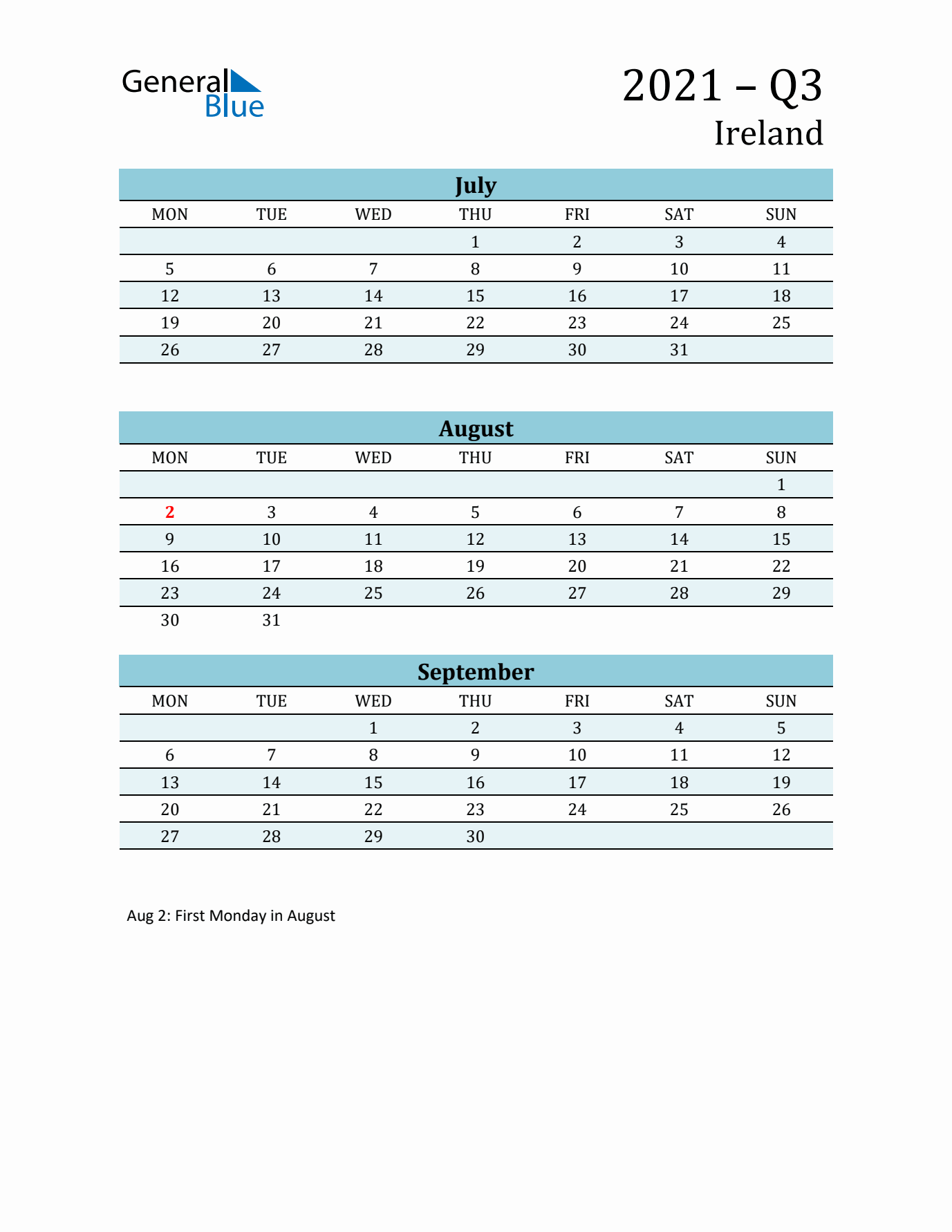 Three-Month Planner for Q3 2021 with Holidays - Ireland