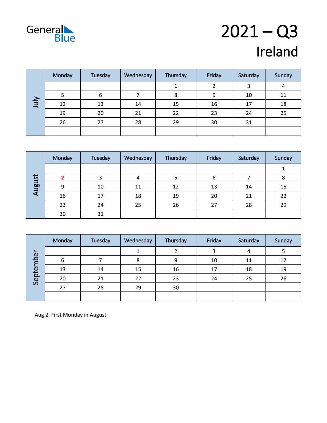 Free Q3 2021 Calendar for Ireland - Monday Start