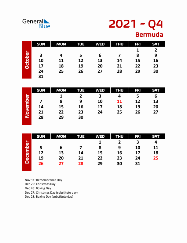 Q4 2021 Calendar with Holidays in Bermuda