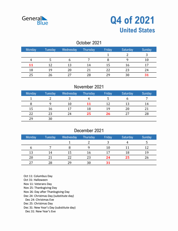 United States Q4 2021 Quarterly Calendar with Monday Start