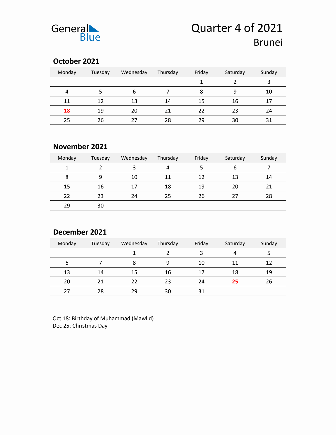 2021 Q4 Three-Month Calendar for Brunei