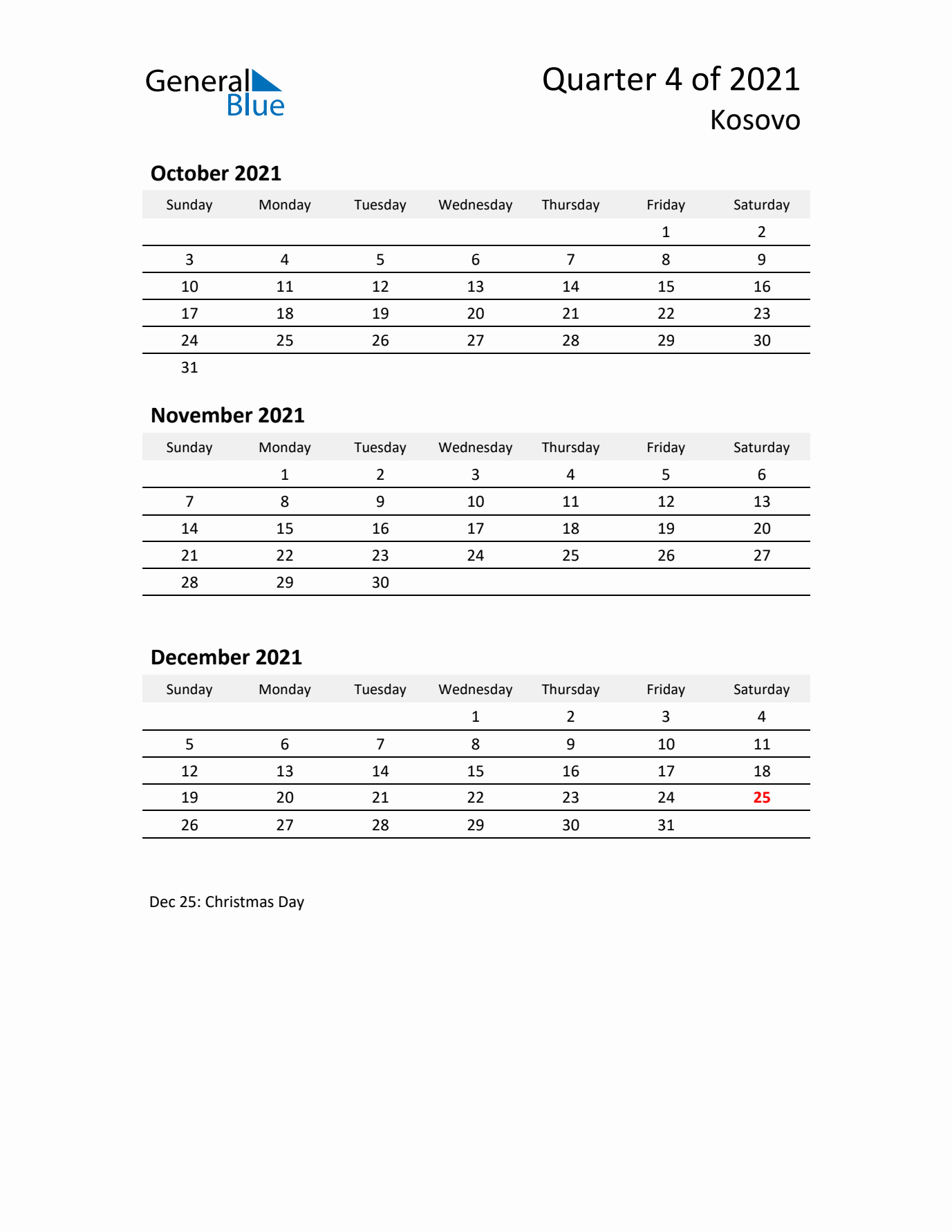 2021 Q4 Three-Month Calendar for Kosovo