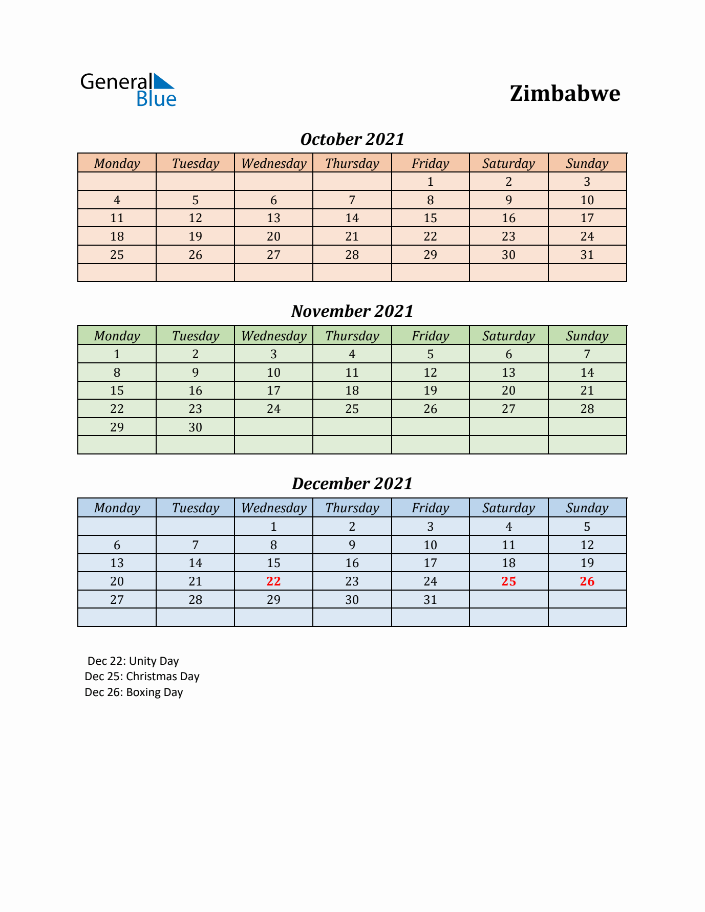 Q4 2021 Holiday Calendar - Zimbabwe