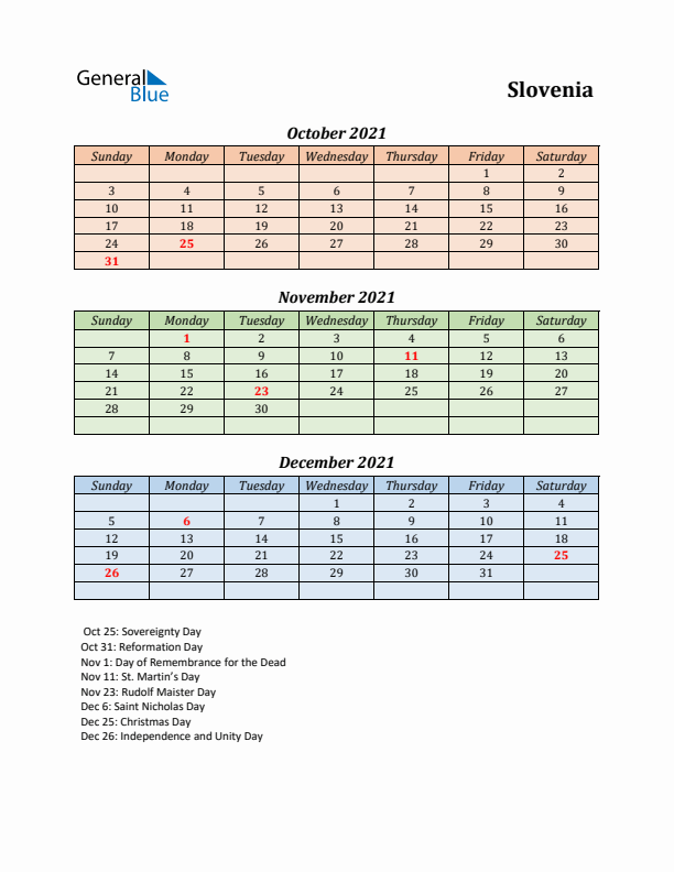 Q4 2021 Holiday Calendar - Slovenia