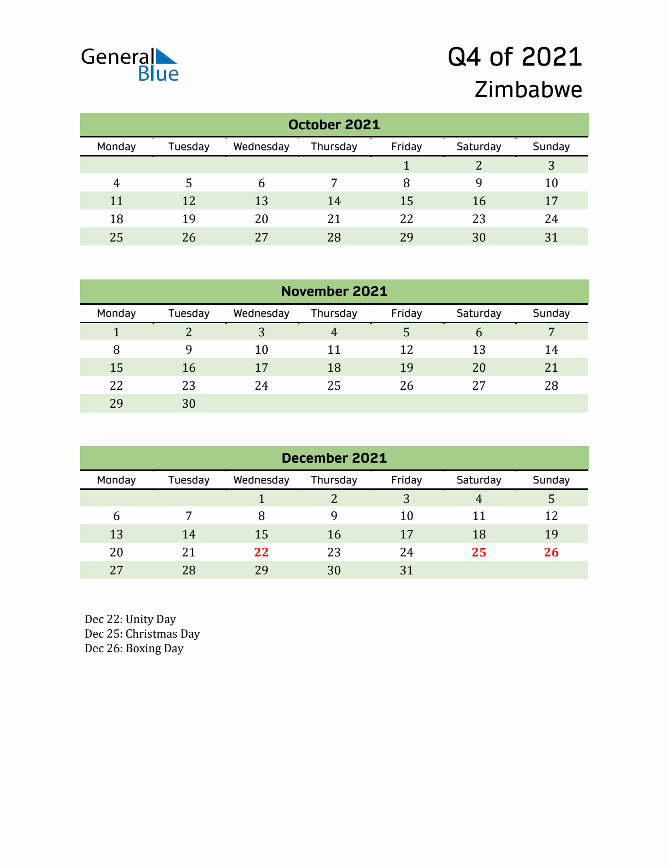 Quarterly Calendar 2021 with Zimbabwe Holidays