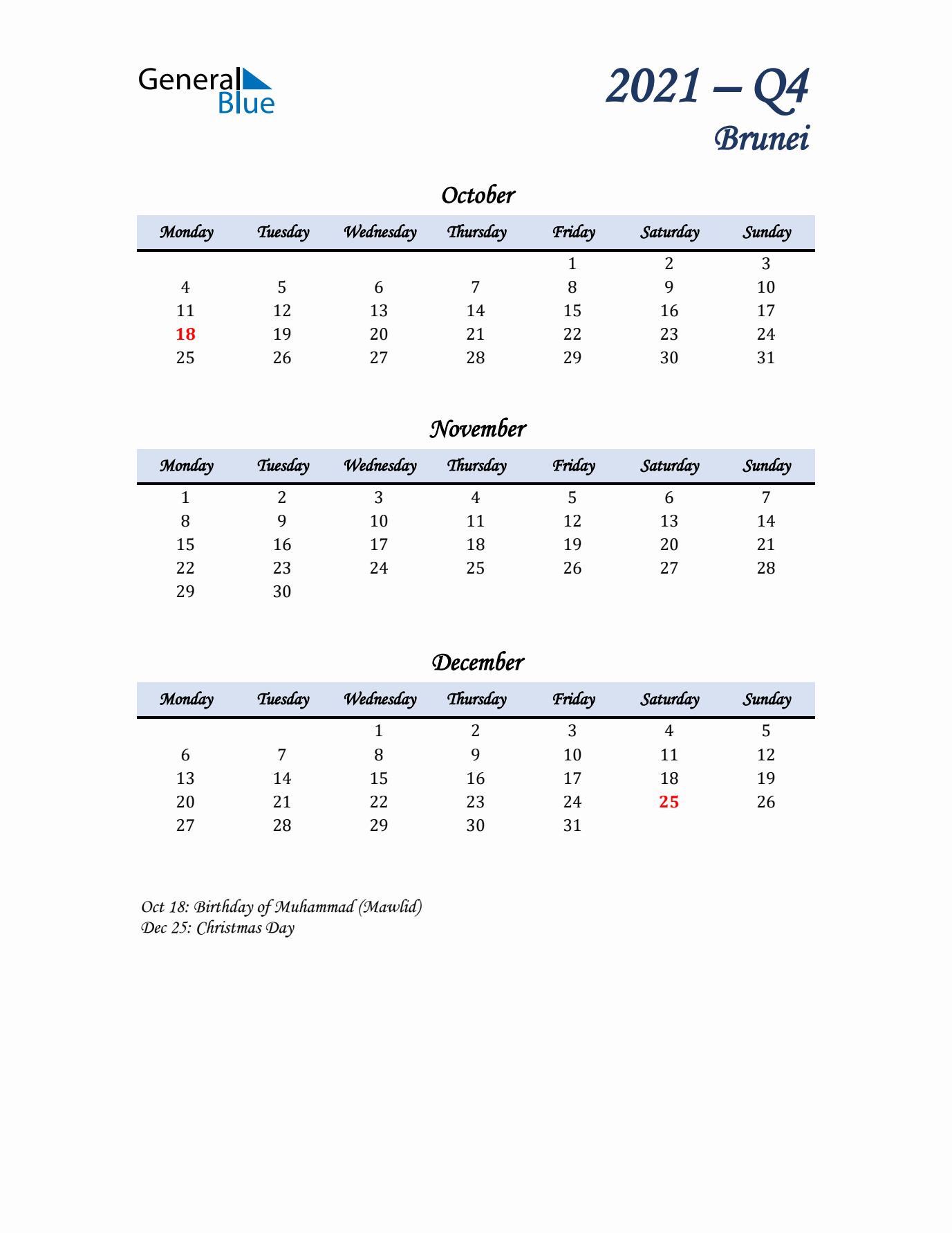 October, November, and December Calendar for Brunei with Monday Start