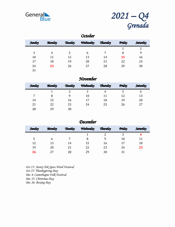 October, November, and December Calendar for Grenada with Sunday Start