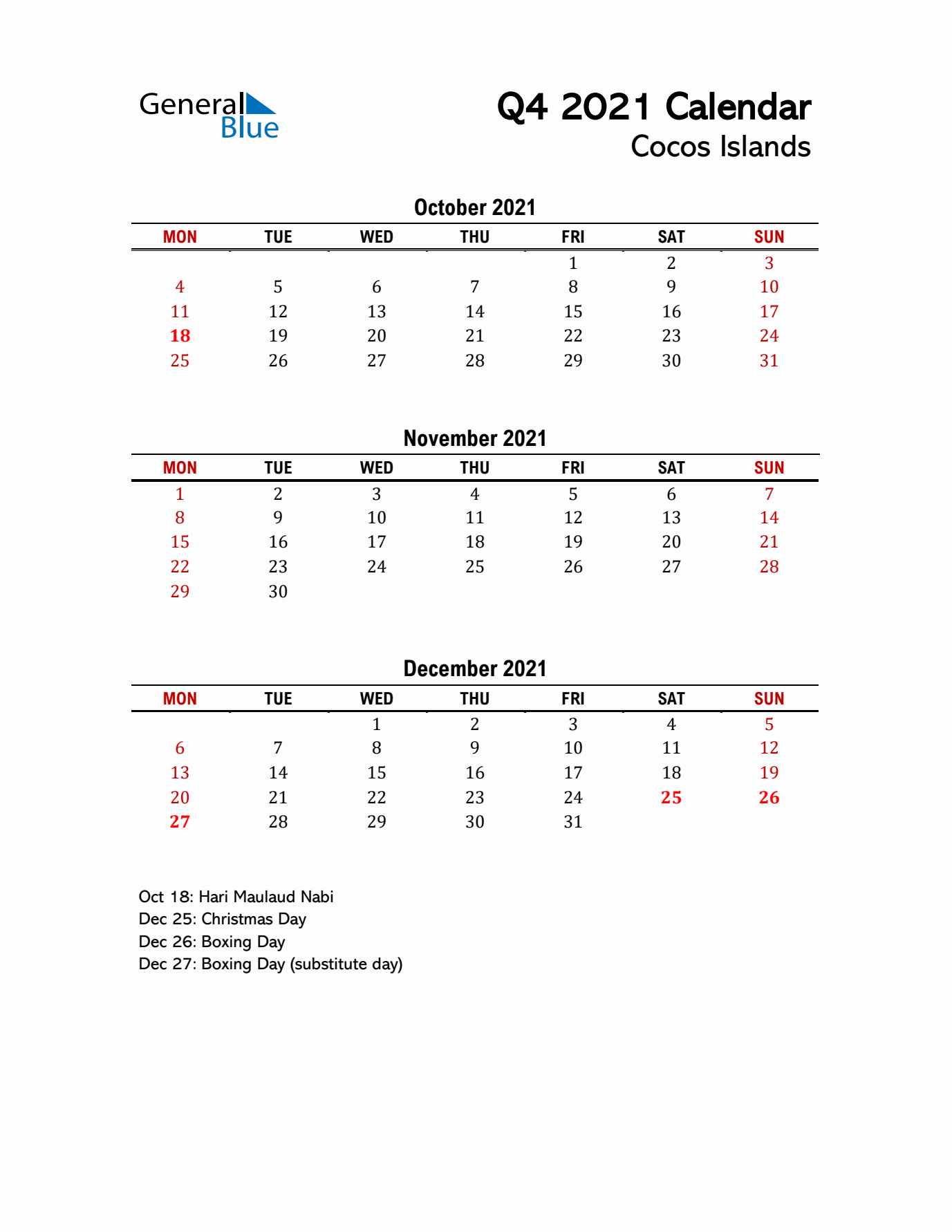 2021 Q4 Calendar with Holidays List for Cocos Islands