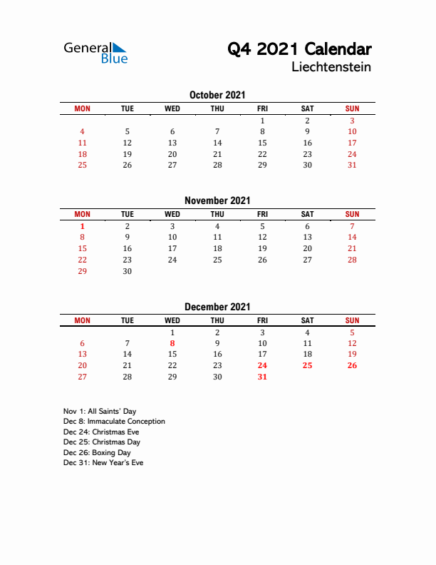 2021 Q4 Calendar with Holidays List for Liechtenstein