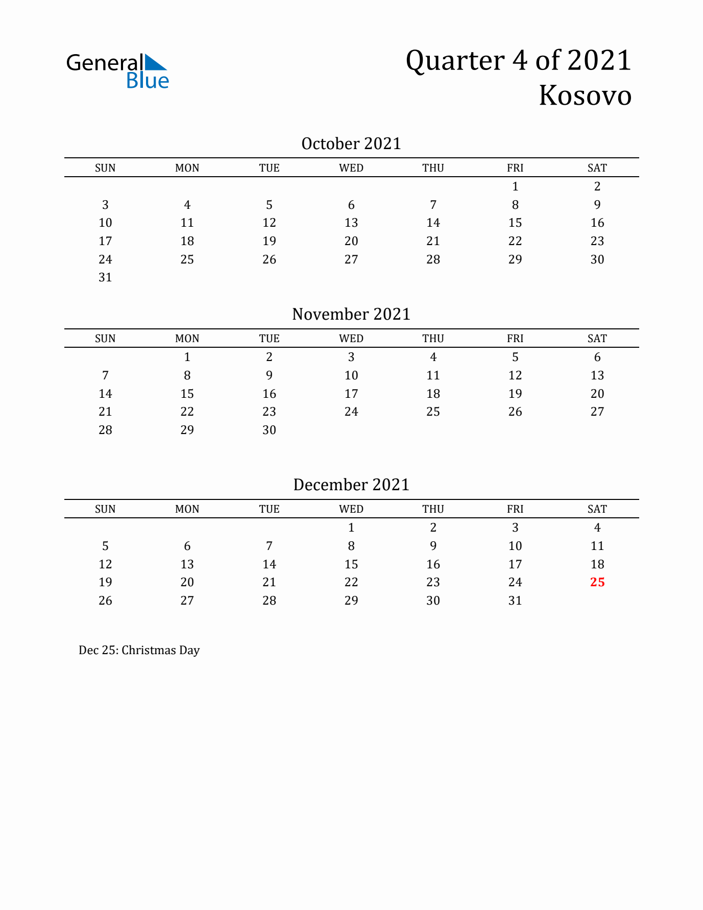 Quarter 4 2021 Kosovo Quarterly Calendar