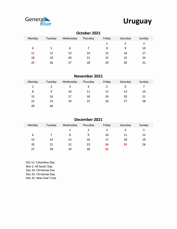 Printable Quarterly Calendar with Notes and Uruguay Holidays- Q4 of 2021