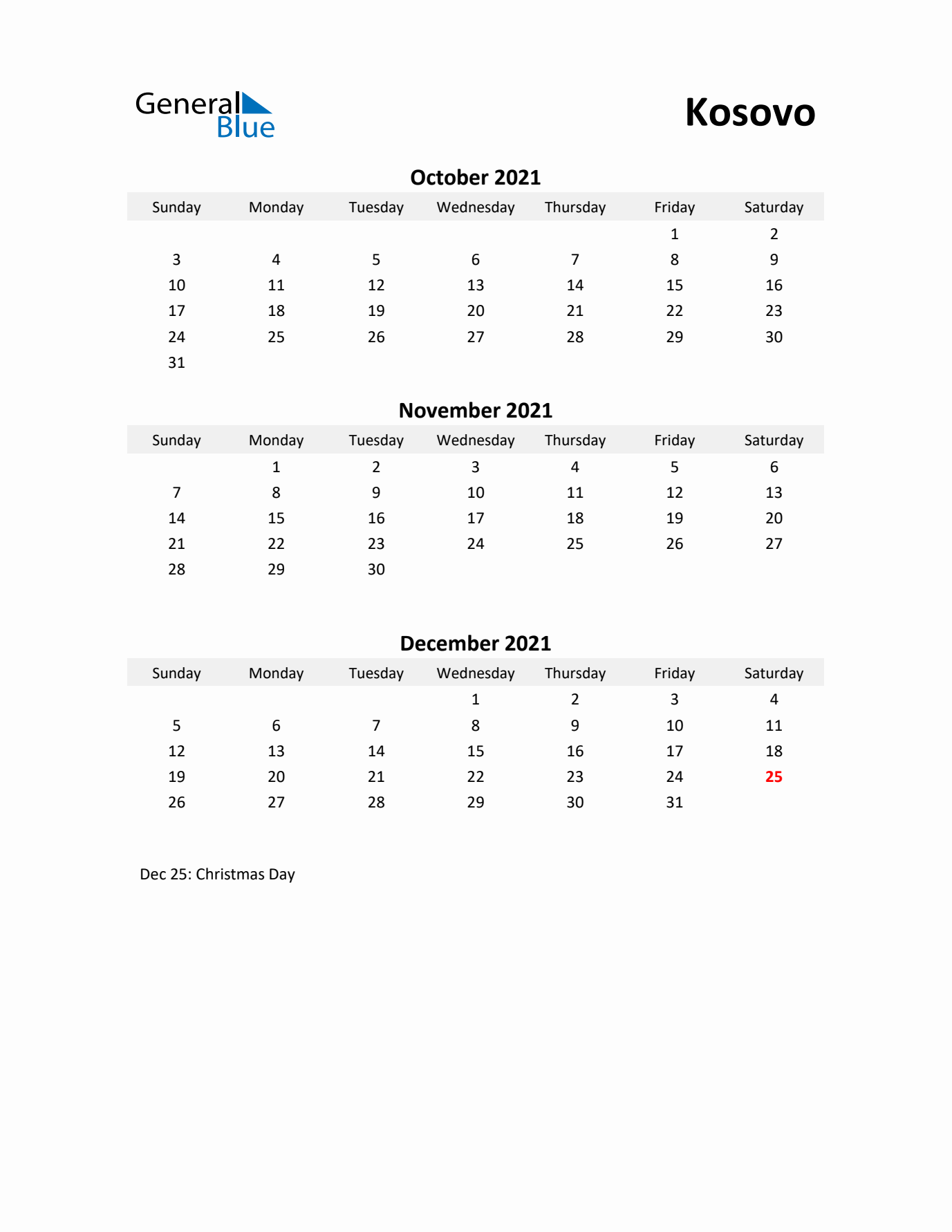 Printable Quarterly Calendar with Notes and Kosovo Holidays- Q4 of 2021
