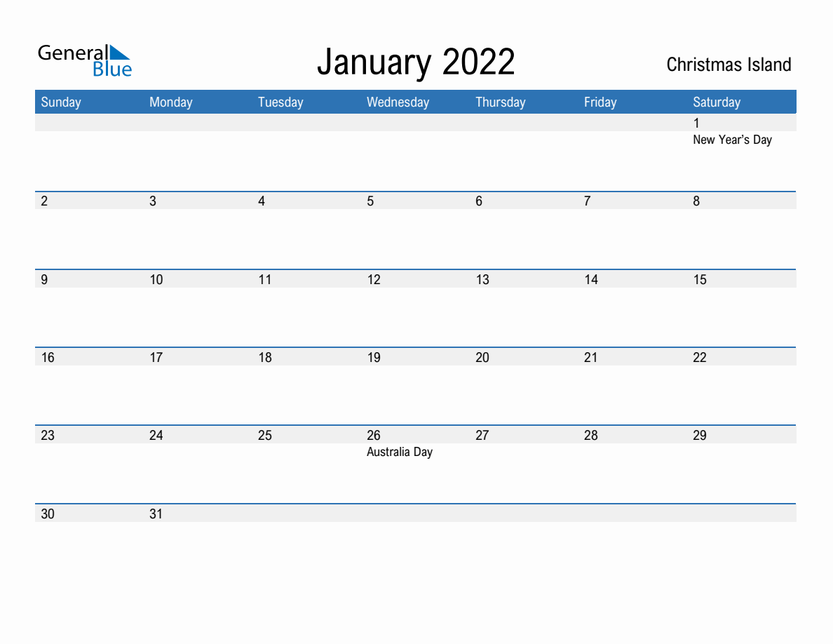 Editable January 2022 Calendar with Christmas Island Holidays
