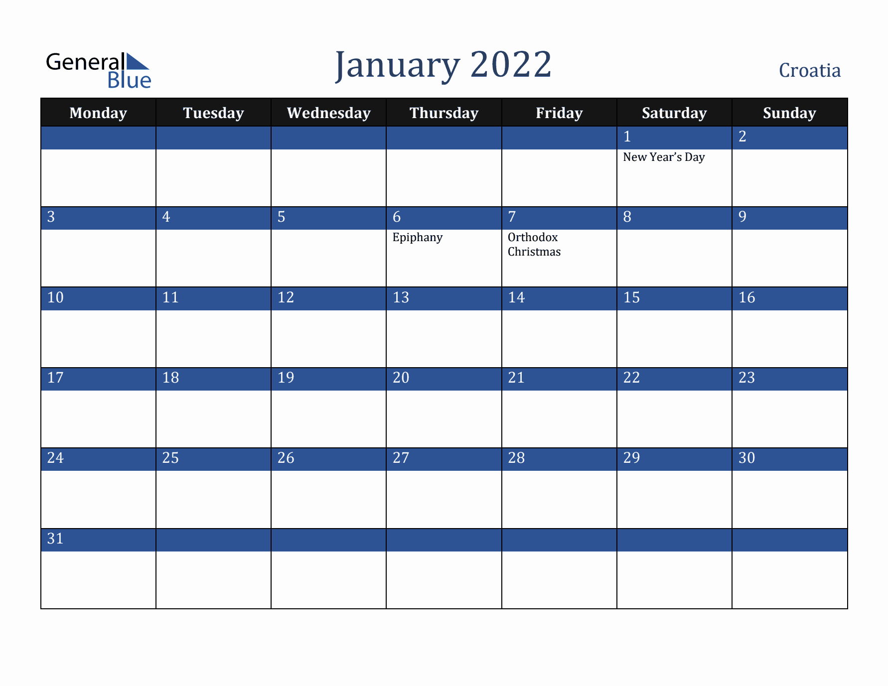 January 2022 Croatia Calendar (Monday Start)
