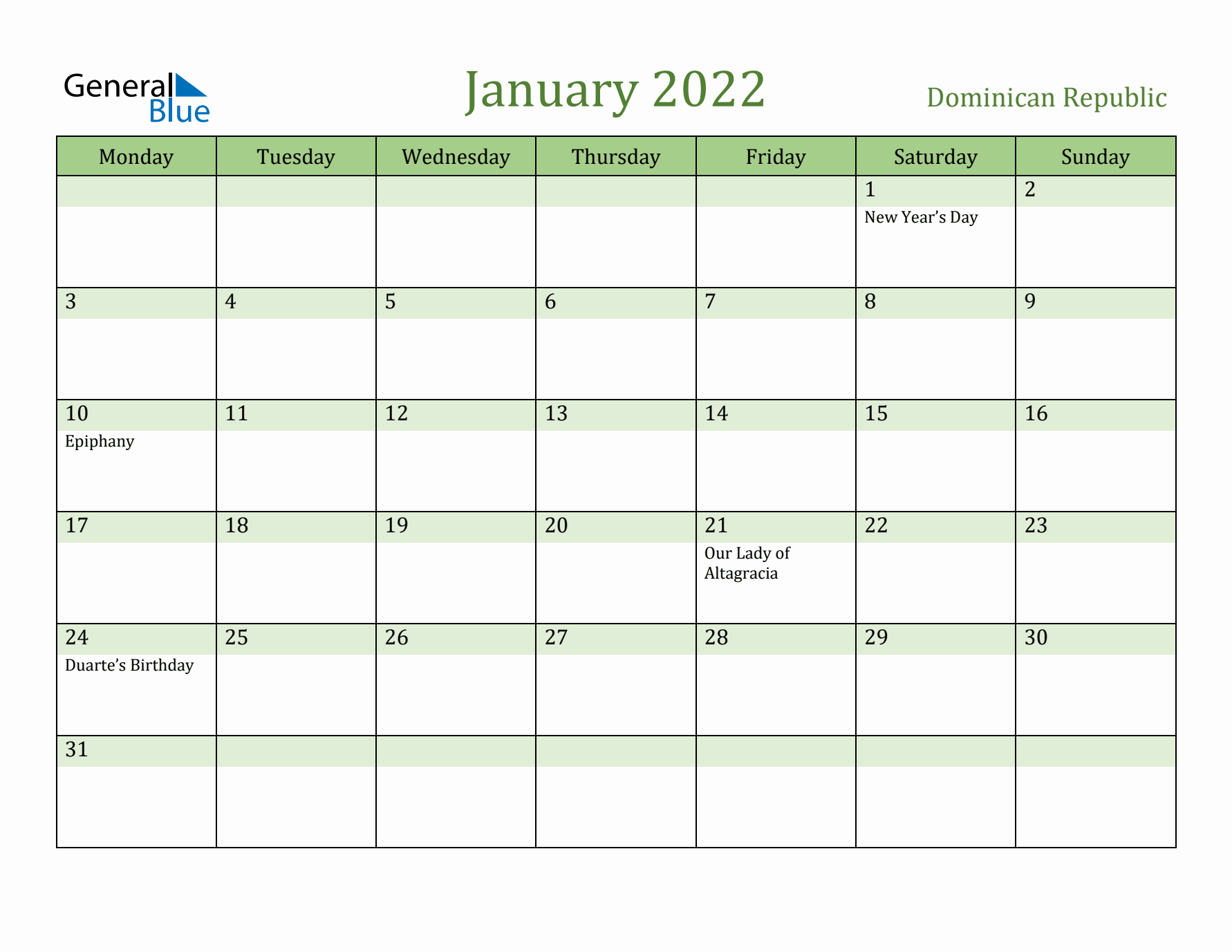 January 2022 Calendar with Dominican Republic Holidays