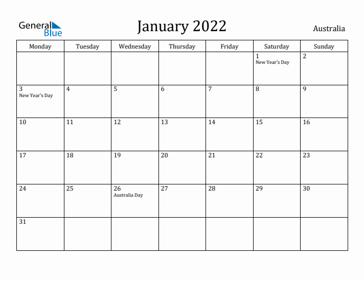 January 2022 Calendar Australia