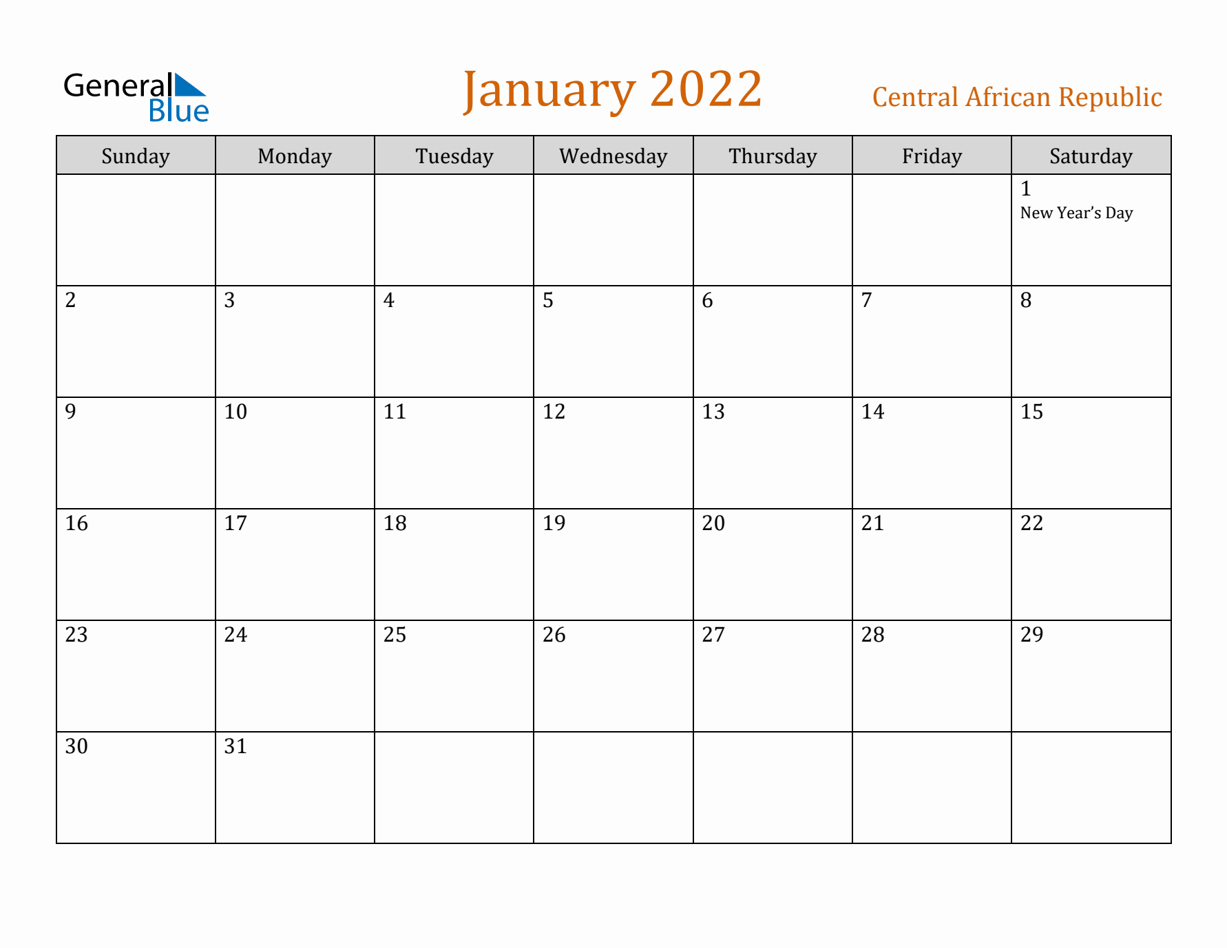 January 2022 Holiday Calendar with Sunday Start