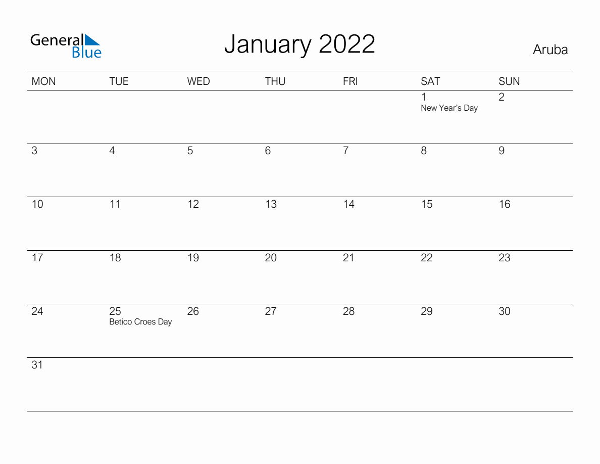 Printable January 2022 Monthly Calendar with Holidays for Aruba (Monday ...