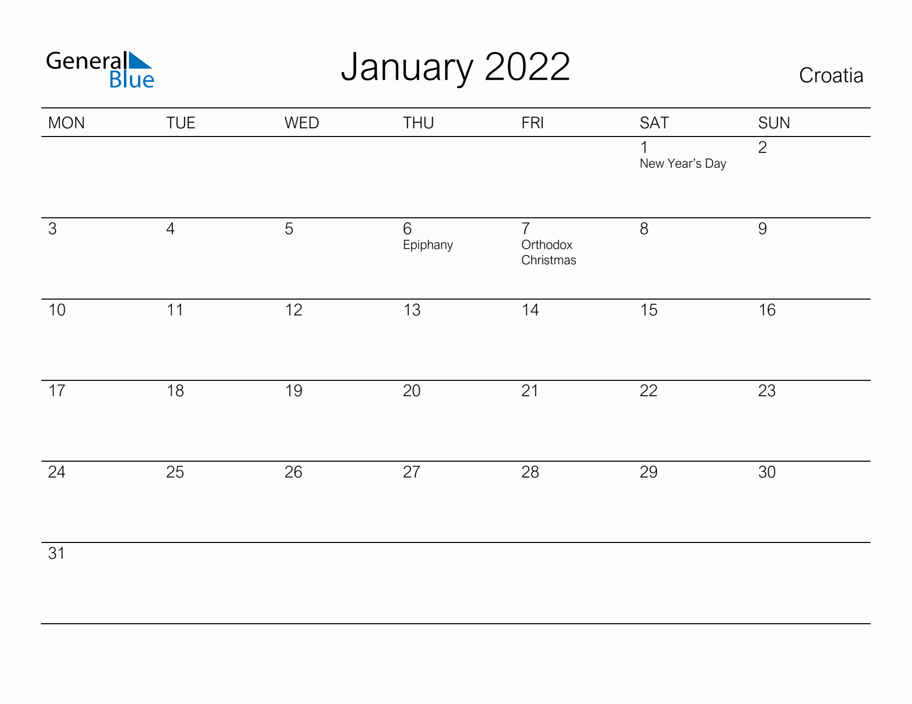 Printable January 2022 Calendar for Croatia