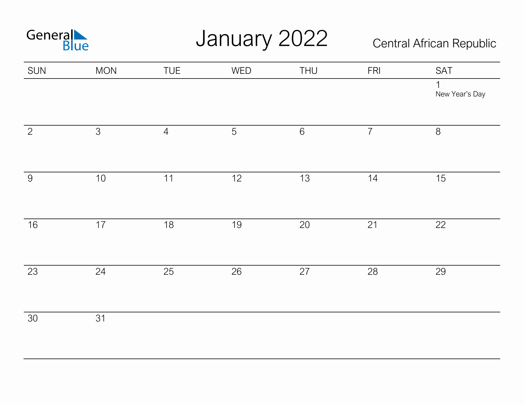 Printable January 2022 Calendar for Central African Republic
