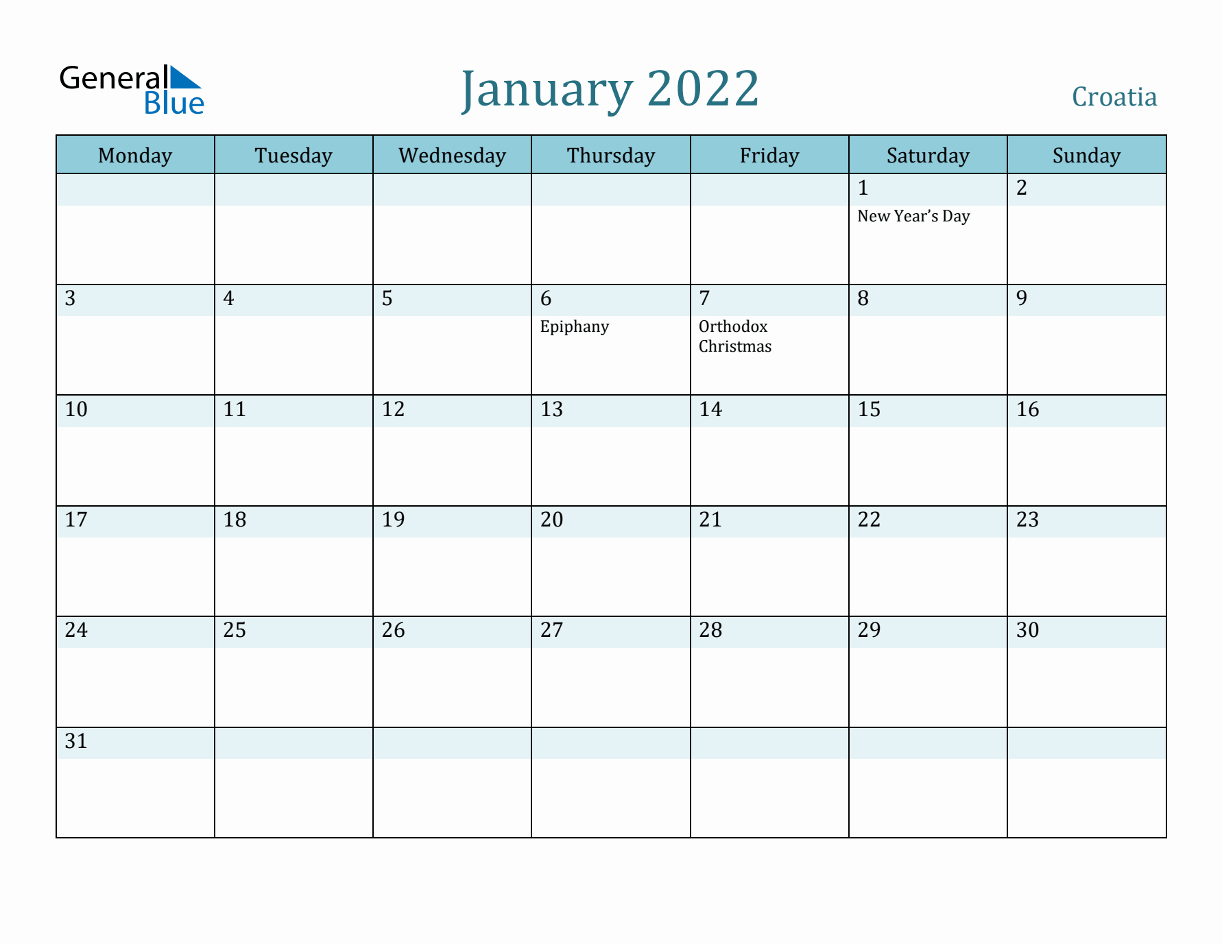 January 2022 Calendar with Holidays