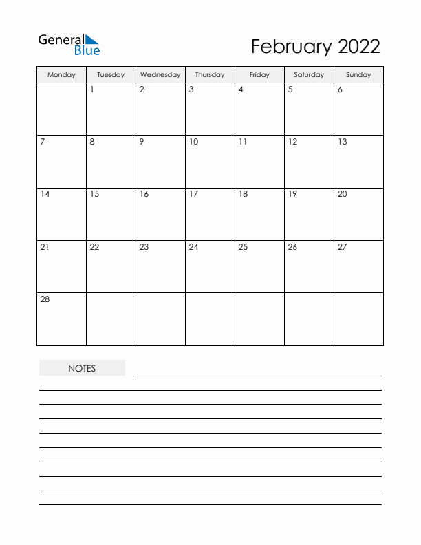 Printable Calendar with Notes - February 2022