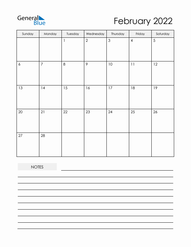 Printable Calendar with Notes - February 2022