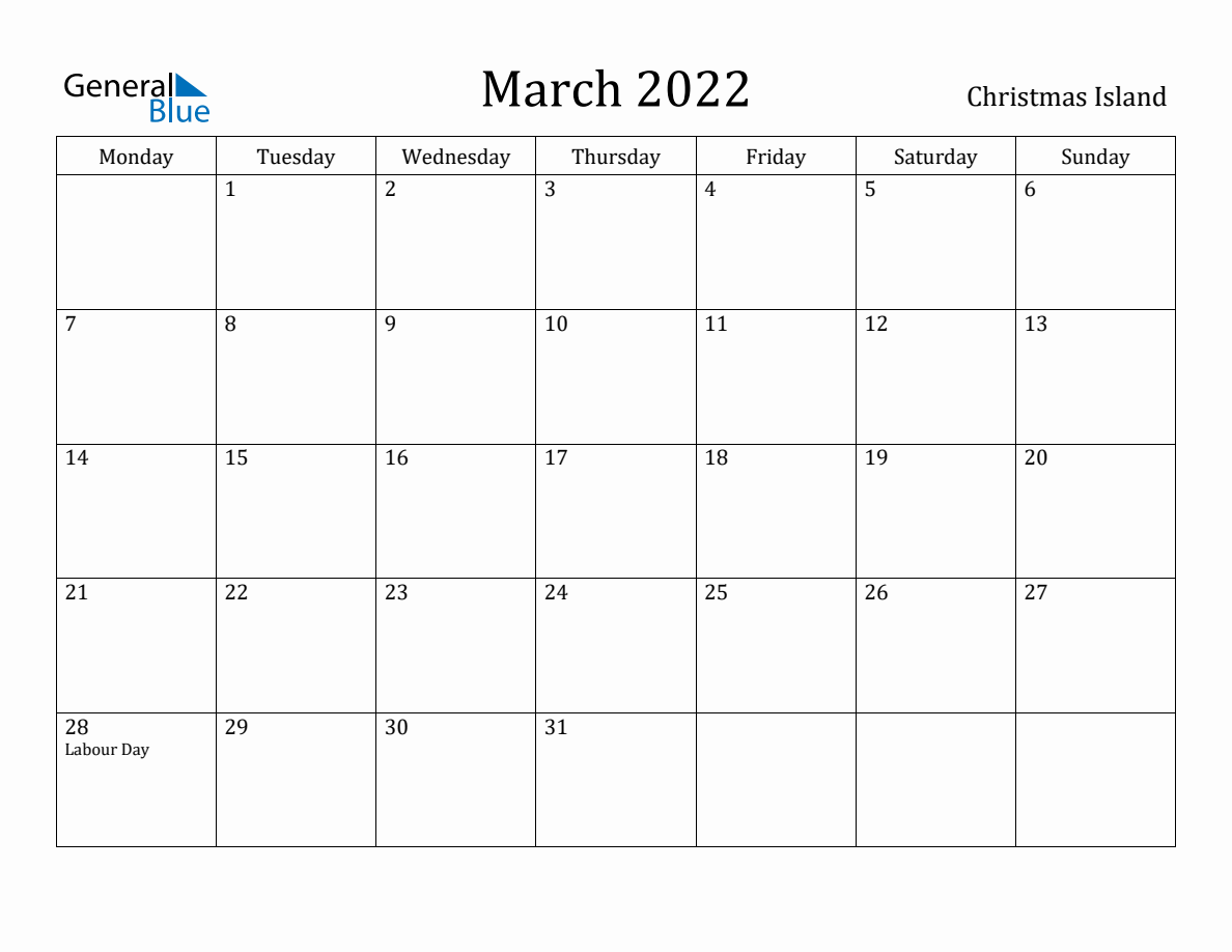 Christmas Island Monthly Calendar - March 2022 (Monday Start)