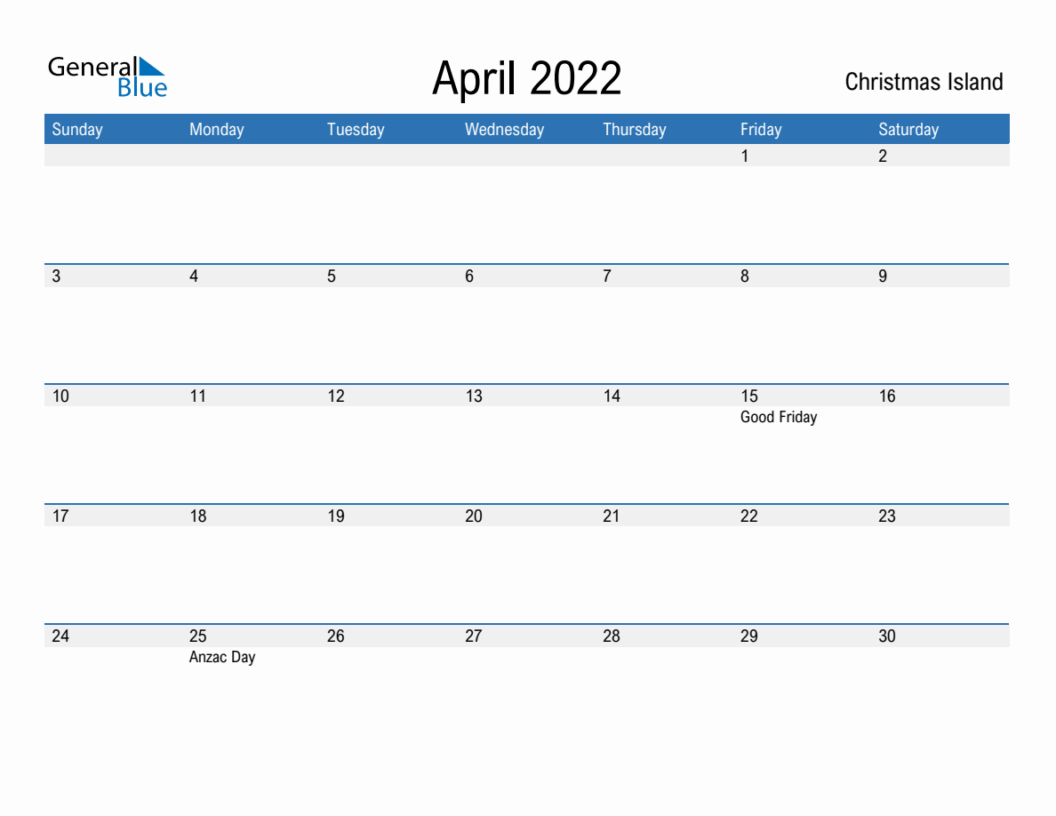 Editable April 2022 Calendar with Christmas Island Holidays