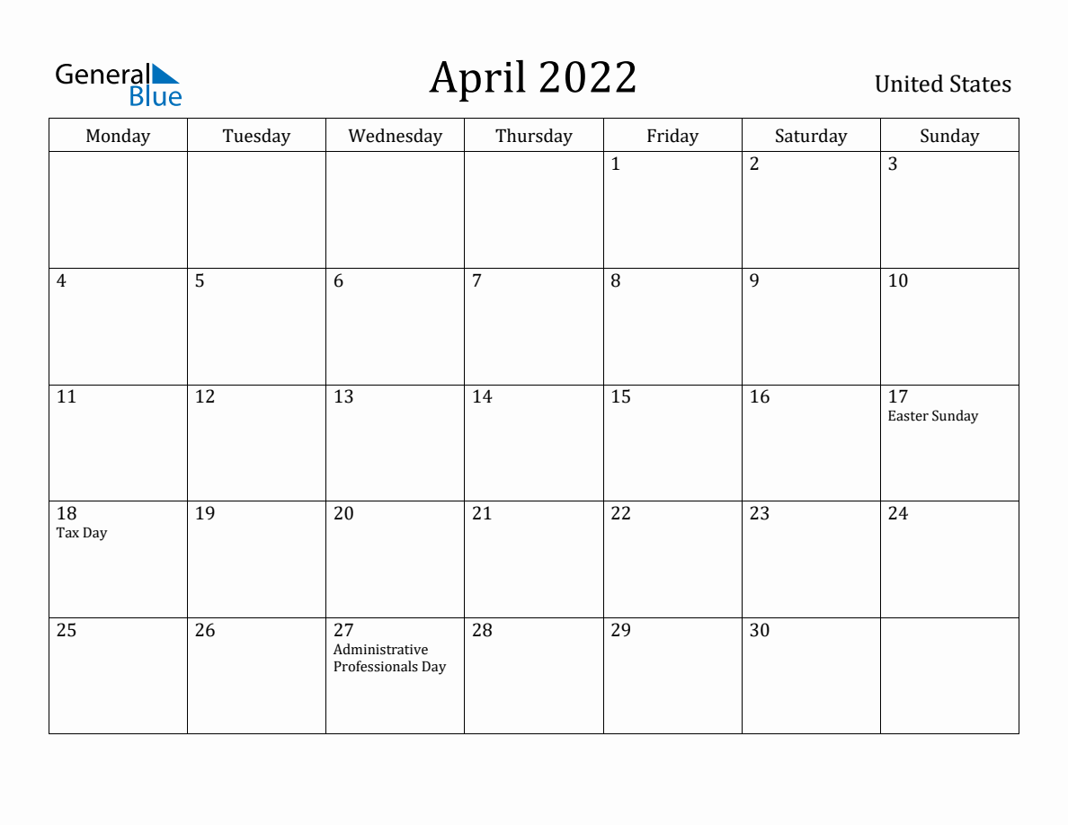 April 2022 Monthly Calendar with United States Holidays (Monday Start)
