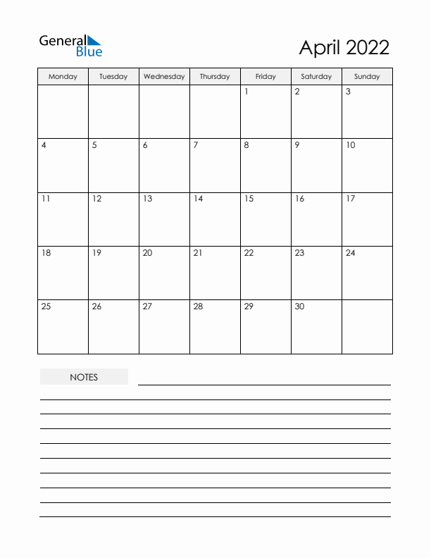 Printable Calendar with Notes - April 2022