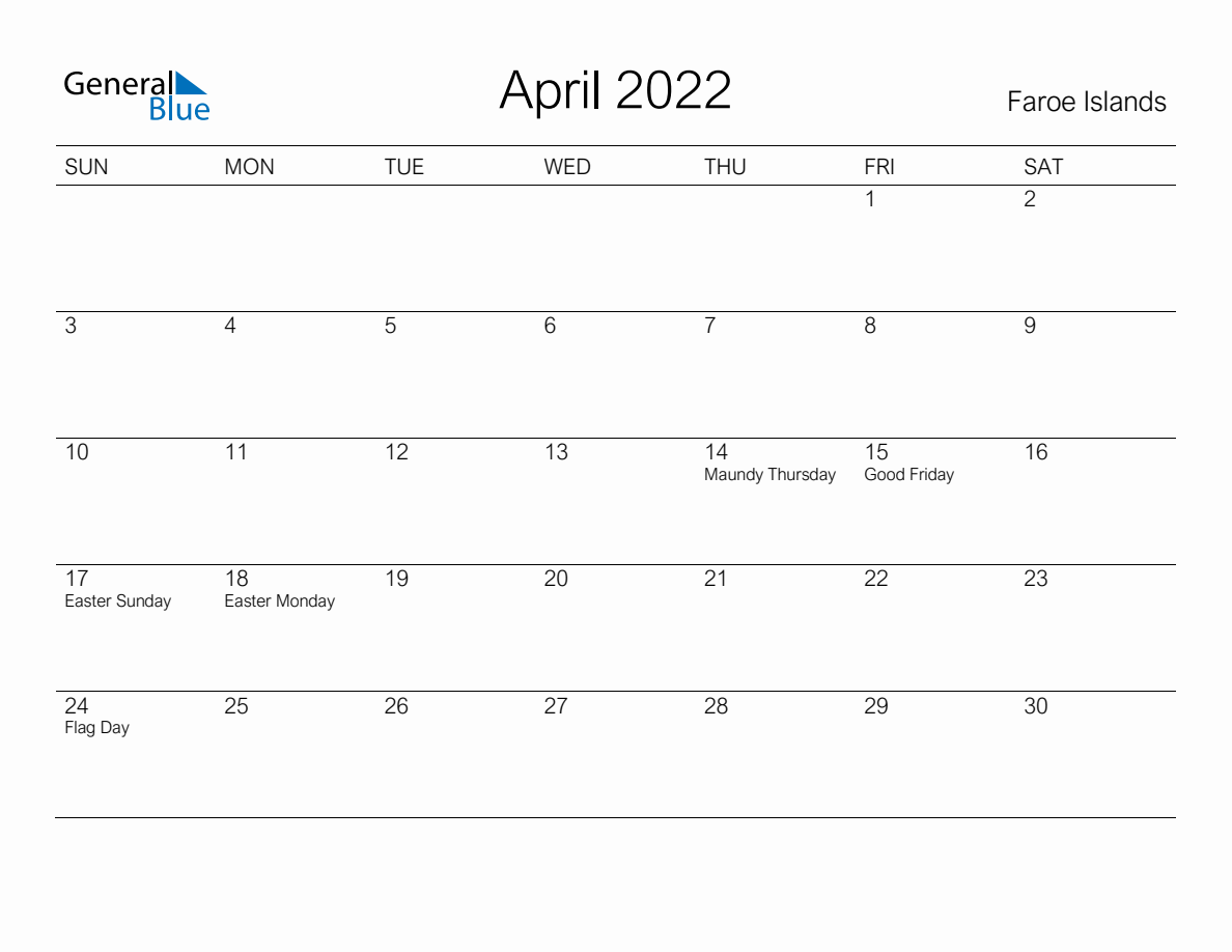 Printable April 2022 Monthly Calendar with Holidays for Faroe Islands