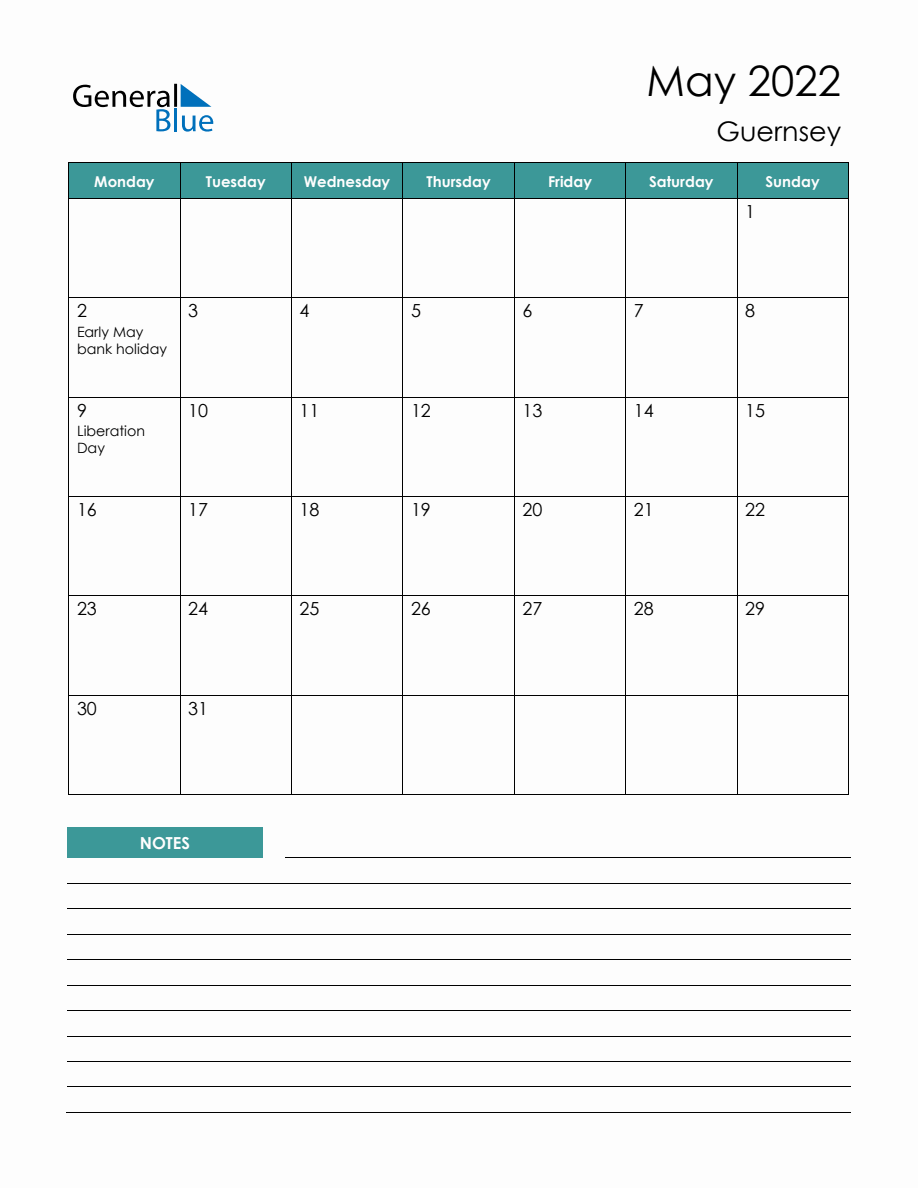 Monthly Planner with Guernsey Holidays - May 2022 (Monday Start)