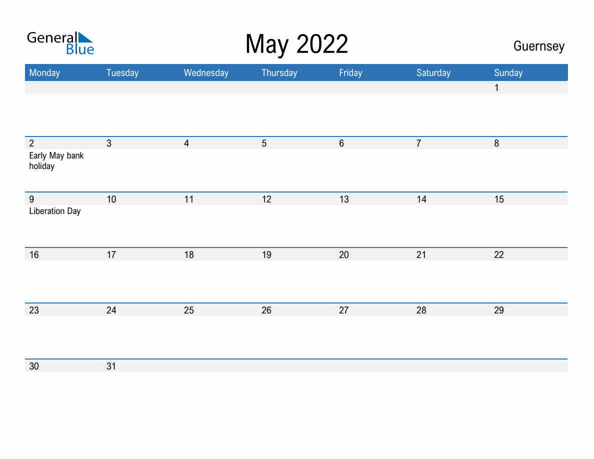 Editable May 2022 Calendar with Guernsey Holidays (Monday Start)