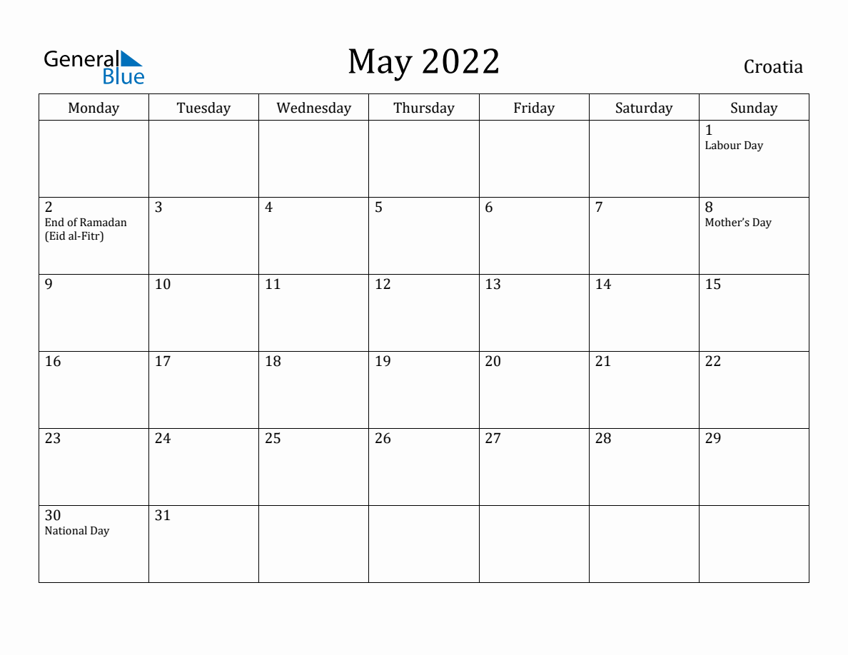 Croatia Monthly Calendar - May 2022 (Monday Start)