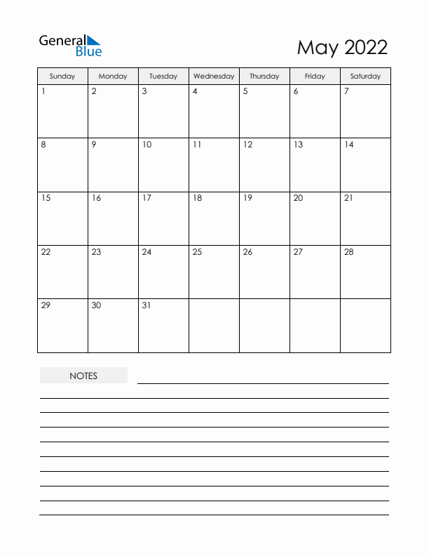 Printable Calendar with Notes - May 2022