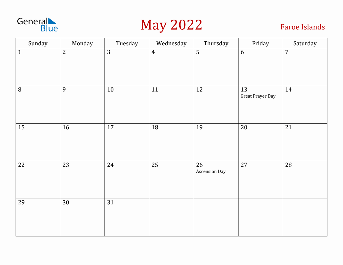 May 2022 Faroe Islands Monthly Calendar with Holidays